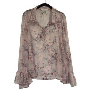 Sundance Floral Long Sleeve Sheer Ruffle Pink‎ Blouse Size S Outer Shell Only